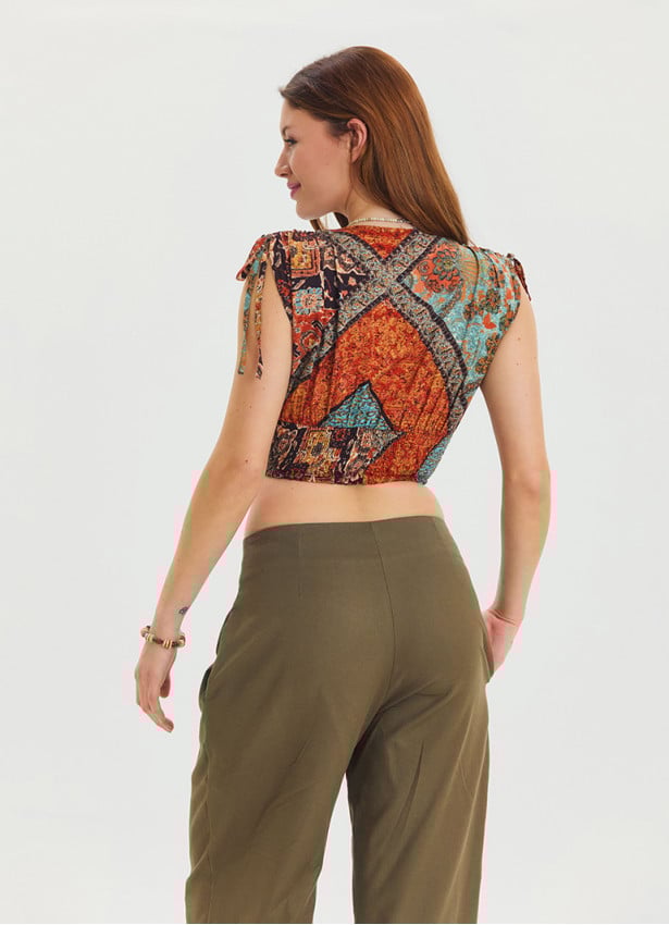 Deep V Neck Waist Gipel Brown Crop Blouse 4632